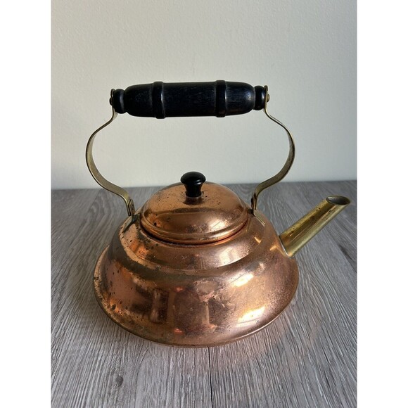 Vintage Copper Tea Pot Kettle 6" diameter Wood And Brass Handle - Picture 3 of 9